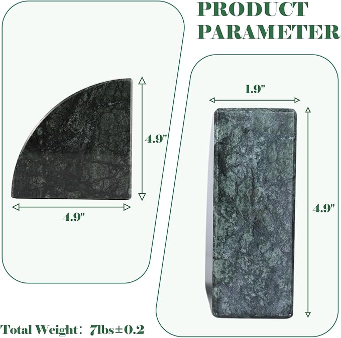 Karibiber Marble Bookend for Shelves, Non-Skid Bookends for Heavy Books, Heavy Duty Book Stopper for CDs, Luxury Book Shelf Holder, Quarter Circle Design Book Ends Decorative, Indian Green, Set of 2