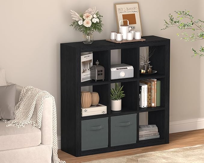 Bookshelf with Storage Bins, 9-Cube Storage Organizer Sturdy Wooden Bookcase Open Book Shelf, Multifunctional Cubicle Rack for Storage & Display, Furniture for Living Room Bedroom Office, Black