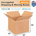 Medium Moving & Shipping Boxes 12"L x 12"W x 10"H (25-Pack) - Extra Strength 200 lb vs Regular - Corrugated Cardboard Boxes - Packing Box for USPS, UPS, FedEx - Box for Packing by IDL Packaging