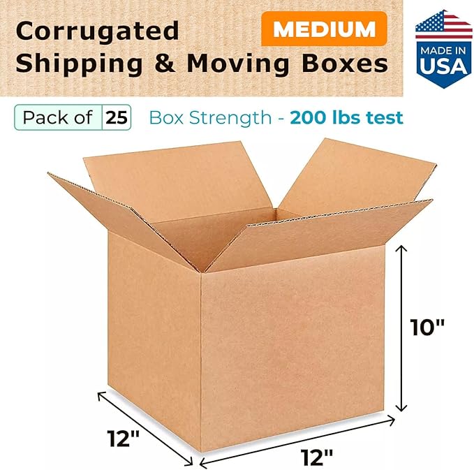 Medium Moving & Shipping Boxes 12"L x 12"W x 10"H (25-Pack) - Extra Strength 200 lb vs Regular - Corrugated Cardboard Boxes - Packing Box for USPS, UPS, FedEx - Box for Packing by IDL Packaging