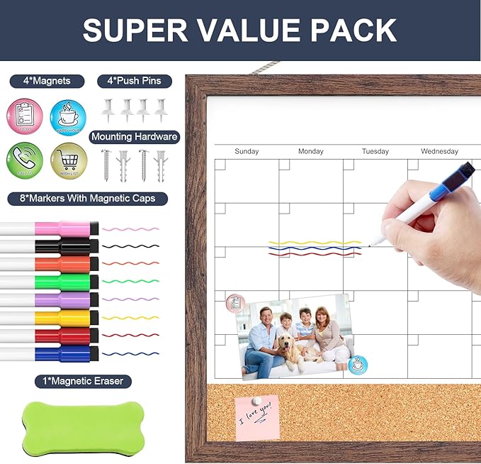 Calendar Whiteboard for Wall, 17x13 Inches White Board Calendar Dry Erase, Small Magnetic White Board with Wood Frame, Hanging Dry Erase Board for Kitchen Home Office School Planner