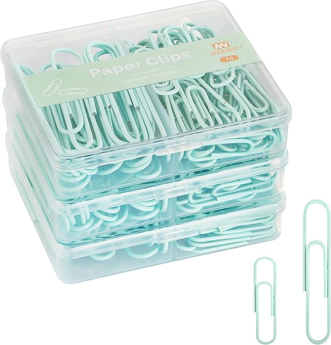 NEEWAY Colorful Paper Clips Assorted Sizes, Small and Large Paperclips, 210 Count, 3 Pack of 70 (Light Green)