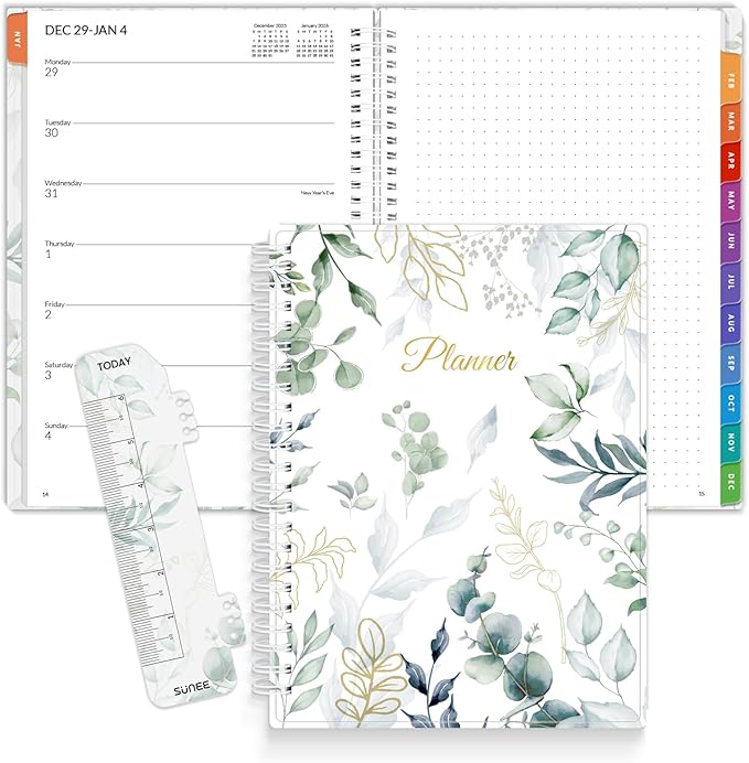 SUNEE 2026 Planner, Weekly and Monthly Calendar Planner, January 2026-December 2026, Daily Agenda with Tabs, Note Pages, Spiral Binding, 6.4"x8.3", Leaf