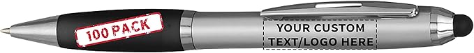 DISCOUNT PROMOS Custom Stylus Ballpoint Pens Set of 100, Personalized Bulk Pack - Black Ink, Great for Office, School, Business, Tradeshows, Events - Black