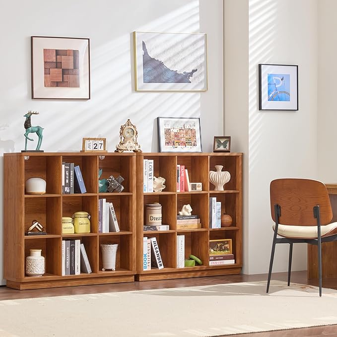 Joaxswe 9 Cube Storage Book Shelf, 41" Tall Organizer Bookshelf with Curved Edge, Wood Floor Standing 3-Tier Cubby Bookcase with Base, Country Rustic Display Book Case for Library, Office, Brown