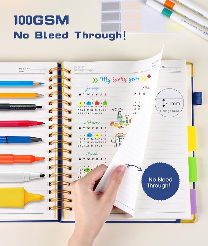 Hardcover Spiral Notebook 8.5"x11" Journal with Removable Dividers Tabs, 300 Pages Leather 5 Subject Notebook College Ruled, Large A4 Notebooks for Work School, Lined Journal for Women, A4 Navy