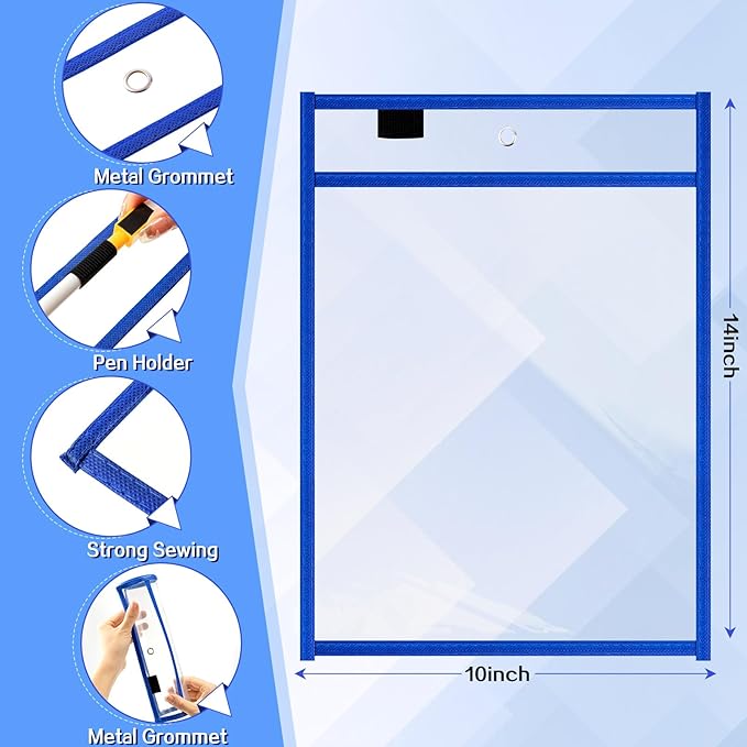 Seajan 120 Pcs Clear Dry Erase Pockets Plastic Sleeves for Paper 14 x 10 Inch Reusable Job Holder Shop Ticket Holders Order Pockets Organizer Teacher Supplies for Classroom (Blue)