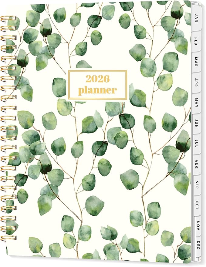 SUNEE 2026 Planner, Weekly and Monthly Calendar Planner, January 2026-December 2026, Daily Agenda with Tabs, Note Pages, Spiral Binding, 6.4"x8.3", Eucalyptus