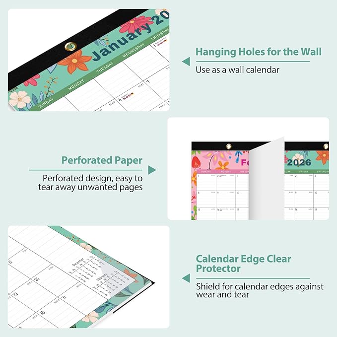 Desk Calendar 2026-2027, Jan 2026 to Jun 2027 - Large 17" x 12" Monthly Calendar with To-Do List and Notes for Home, Office or School, Cartoon Floral