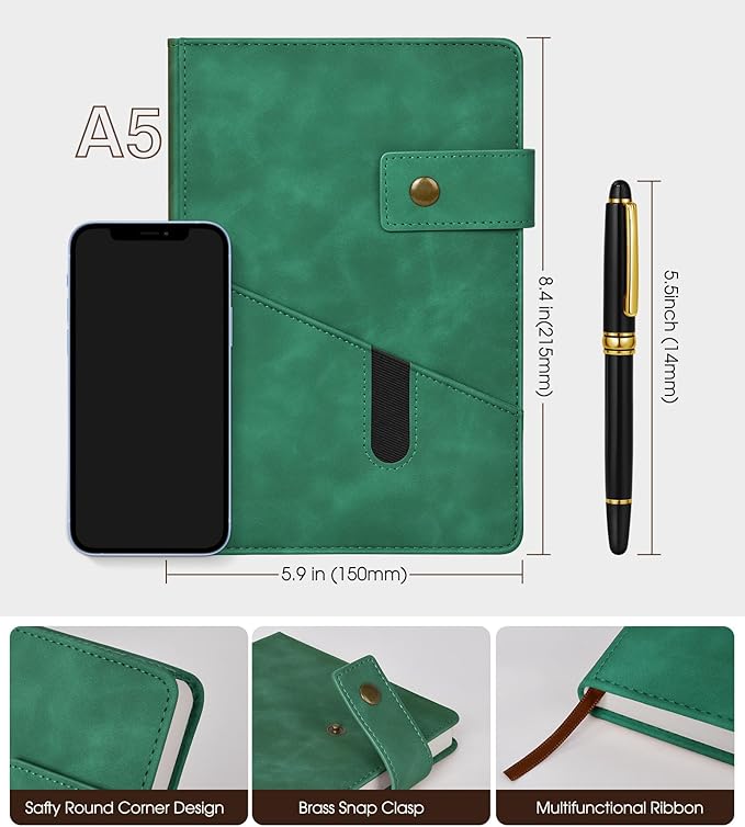 vfaejll Green A5 Lined Leather Journal Notebook for Men Women,5.9" X 8.4" Personalized Hardcover Journal with Pen,200 Pages 100 Gsm Thick Ruled Paper Daily Diary for School,Travel,Work,Writing