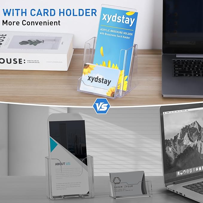 xydstay 4x9 Acrylic Brochure Holder with Business Card Holder, Clear Display Stand, Plastic Table stand Sign Holder, Pamphlet Holder Flyer Holder, Acrylic Display Stand for Office, Home, Store, 2 Pack