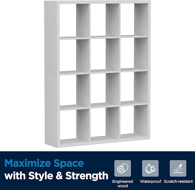 Jpiziso 12-Cube Storage Organizer, Wooden Cube Shelf Bookcase with Reinforced Thick Shelves, Heavy-Duty 36.93" L x 9.37" W x 48.82" H, for Living Room Bedroom Home Office, White