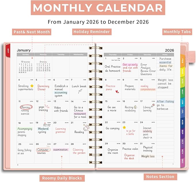 EMSHOI 2026 Planner Weekly and Monthly, Week on One Page with Notes, A5 (5.7"x8.3"), Jan-Dec 2026 Calendar Agenda with Monthly Tabs, Note Pages, 100GSM Thick Paper, Flexible Cover, Pink