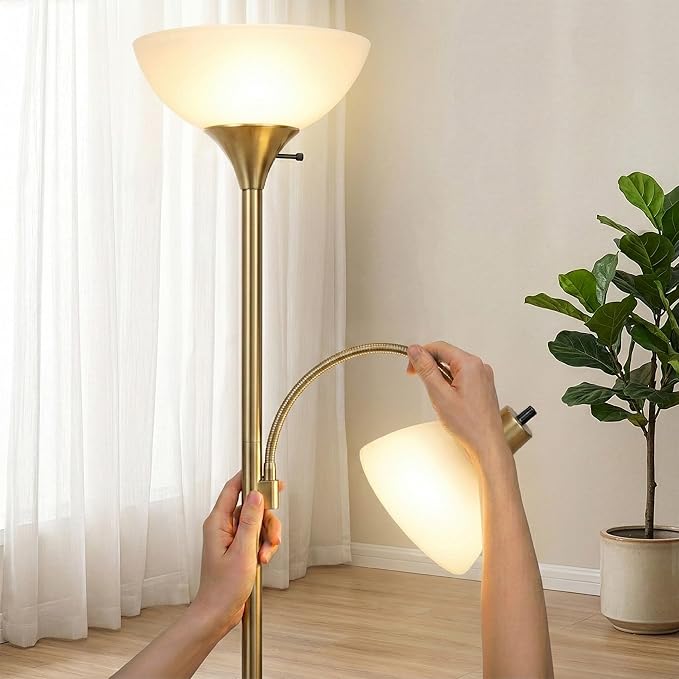 Brightech Sky Dome Plus LED Floor lamp, Torchiere Super Bright Floor Lamp with Reading Lamp for Living Rooms & Offices - Dimmable Tall Standing Lamp for Bedroom Reading - Gold Brass