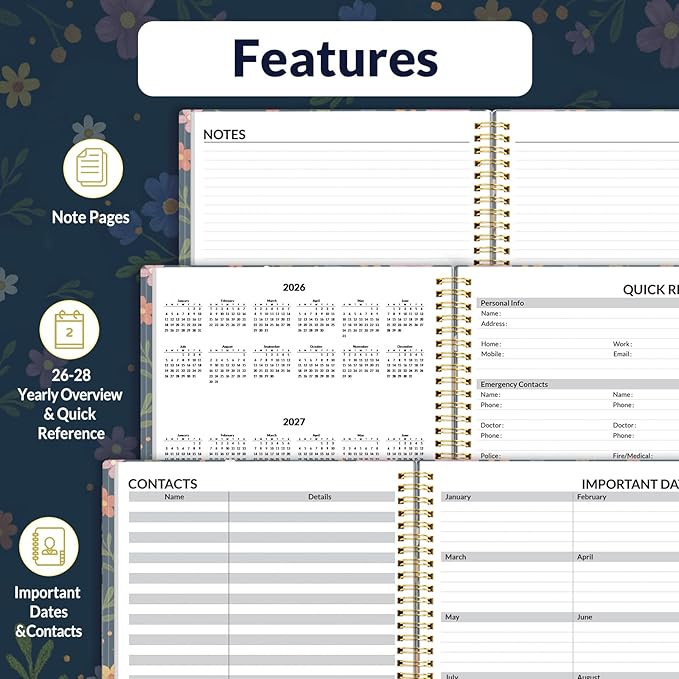 SUNEE 2026 Weekly and Monthly Planner - from January 2026 - December 2026, Daily Agenda Planner with Monthly Tab, Flexible Cover, Note Pages, Pockets, Bookmark, Spiral Binding, Navy Flower, 8.5"x11"