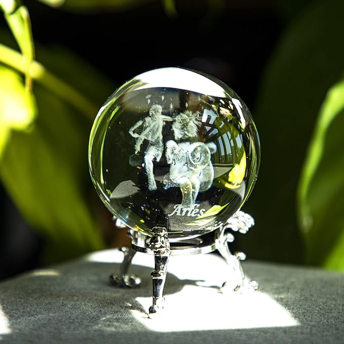 3D Laser Constellation Ball Crystal Paperweight Full Sphere Glass Fengshui with Sliver-Plated Flowering Stand(Aries)