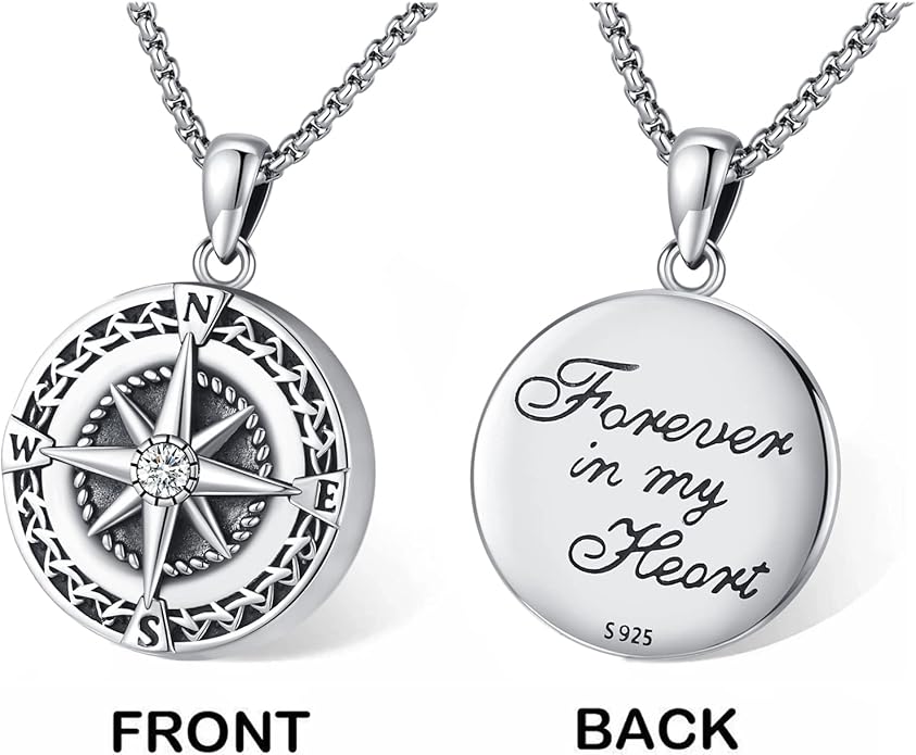 Compass Necklace for Women Men 925 Sterling Silver Pendant Urn Necklaces for Ashes Picture Locket Necklace Anchor Necklace Viking Necklace Crystals CZ Moonstone Abalone Shell Turquoise Compass Jewelry