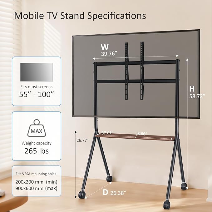 Glidesync Smart Board Stand for 55-100 Inch Interactive Whiteboards,Flat&Curved TVs,Holds Up to 265lbs,Height Adjustable Interactive Board Stand with Lockable Wheels for Office/Classroom/Home