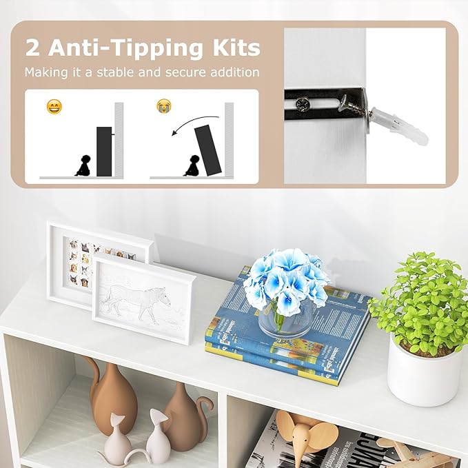 Tangkula 7-Cube Bookshelf, 41” Floor Bookcase with 2 Anti-Tipping Kits, Freestanding Storage Organizer, 4-Tier Display Shelf for Home, Office & Dorms, Natural/White (White, 7-Cube)
