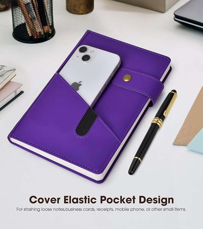 vfaejll Purple A5 Lined Leather Journal Notebook for Men Women,5.9" X 8.4" Personalized Hardcover Journal with Pen,200 Pages 100 Gsm Thick Ruled Paper Daily Diary for Travel,Business,Work,Writing