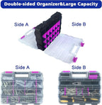Tools Organizer Box Small Parts Storage Box 50-Compartment Double Side Hardware Organizers with Removable Plastic Dividers for Screws, Nuts, Nails, Bolts, Purple