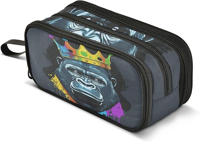 BOENLE Gorilla with Crown Pencil Case Box Boys Girls Large Pencil Pouch with Zipper Compartments Big Capacity Stationery Pen Bag Organizer for Kids Teens Adults School