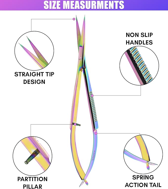 Cross Edge Spring Scissors 5 Inch straight Stainless Steel Precision Eyebrow & Eyelash Shaping & Trimming Scissor, Snips Squeeze, Embroidery, Knitting Micro Tip Craft Scissors (Rainbow)
