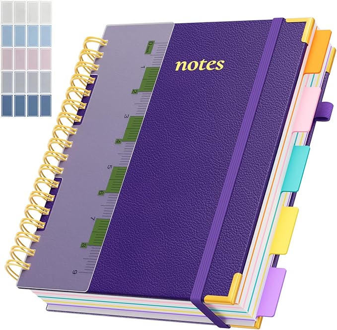 XYark Line Hardcover Spiral Notebook with Removable Dividers Tabs & Ruler, 5 Subject Notebook College Ruled, 300 Page, Large 8"x10" B5 Notebooks for Work School, Lined Journal for Women & Men, Purple