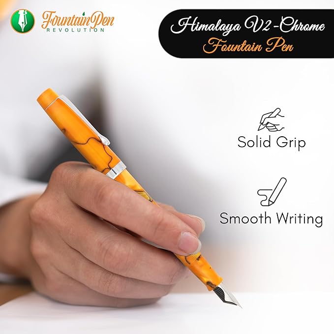 FPR Himalaya V2-Chrome Ultra Flex Nib Pen - Twist-Style Converter Filled Calligraphy Pens for Writing-Fancy Pens for Men & Women - Flex Fountain Pen w/Metal Clip & Cap Ring (Saffron Orange Acrylic)
