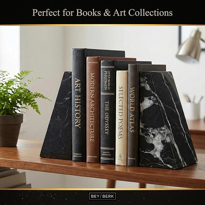 Bey-Berk Whitney Zebra Marble Bookends (Black, Set of 2), 4" x 2.5" x 6" Heavy Wedge Book Ends for Desk, Shelf, or Office