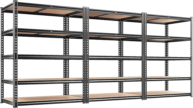 REIBII 2200LBS Storage Shelves 5 Tier Garage Shelving Heavy Duty, Adjustable Metal Shelving, Garage Shelves for Basement, Warehouse, Pantry, Closet, Kitchen 72" H x 35.55" W x 16" D, Black, 3 Pack