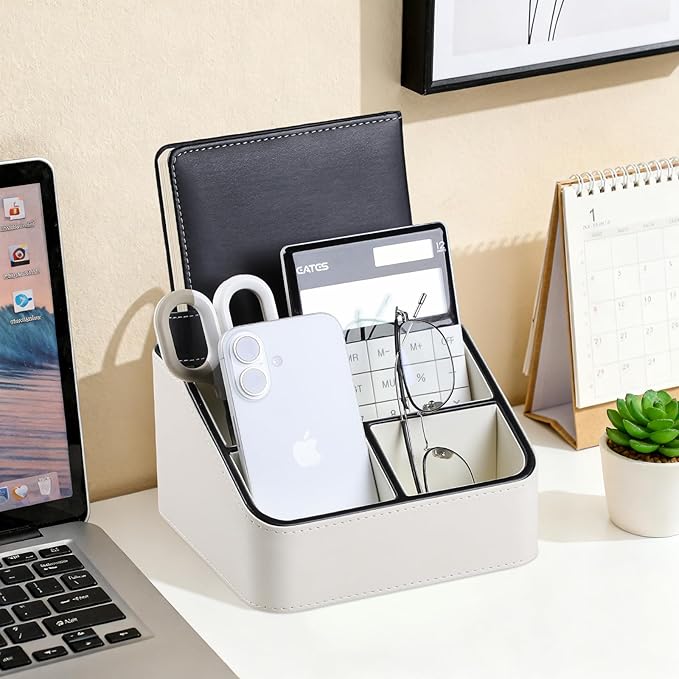 MEIBOOCH Remote Control Holder, PU Leather Small Desk Organizer with 4 Compartments, Nightstand Organizer Desk Caddy for Remote, Notepad, Phone, Glasses, and Accessories (Cream)