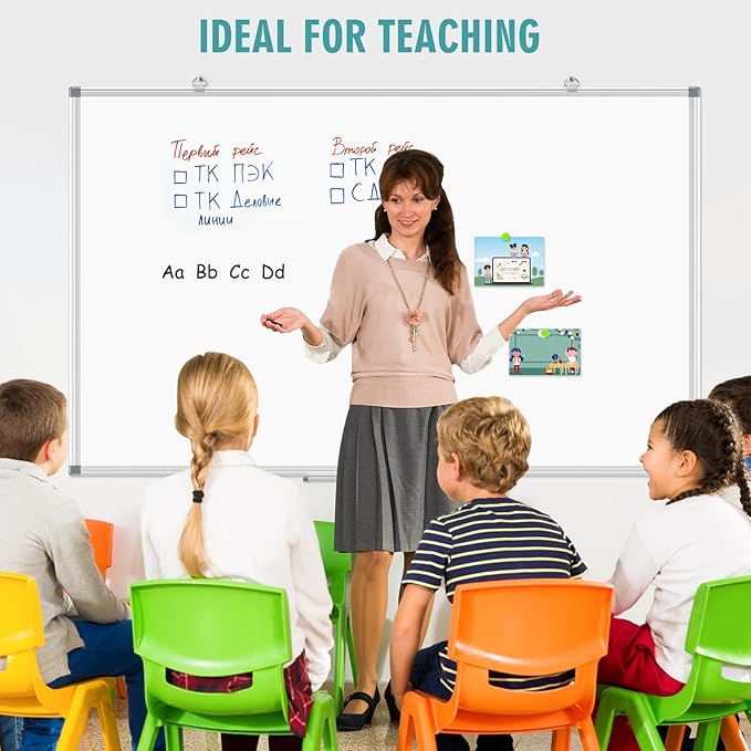 Large Whiteboard Dry Erase Board for Wall, 60" x 40" Double-Sided Magnetic Whiteboard with Long Pen Tray, Wall-Mounted White Board for Home, School, Office, Kitchen