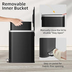 KUK Slim Bathroom Trash Can with Lid Soft Close, Step Pedal, 2.6 Gal/ 10L Stainless Steel Garbage Can with Removable Inner Bucket, Anti-Fingerprint Wastebasket for Office, Bedroom, Toilet (Black)