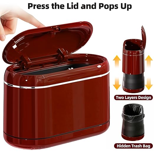PAVSTINE Mini Trash Can for Desk with 5 Rolls of Trash Bags, Small Press-Top Countertop Garbage Bin, Removable Waste Basket for Bedroom, Vanity, Coffee Table, Kitchen (Red Full-Lid)