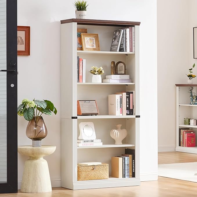 RWYHG 70" White Tall Bookshelf Set of 2,5-Tier Thick Wooden Book Shelf with Adjustable Shelves,Free Standing Farmhouse Bookcase with Open Display Storage,Floor Vintage Bookshelves for Living Room
