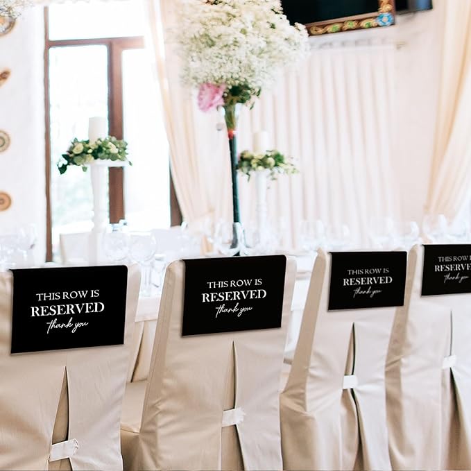 ChissNook Reserved Seating Chair Signs, This Row Is Reserved Pew Cloths Seating Placeholder for Church Pews, Wedding Decorations for Reception Parties Celebrations Event Meetings (Black, 4 PCS)