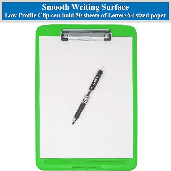 Think2Master [3 Pack] Green Plastic Storage Clipboard. | 25% Heavier & Sturdier| Heavy Duty and Won’t Flex Like Other Brands (Compare The Weight). Storage Compartment Holds 150 Letter Sized Paper.
