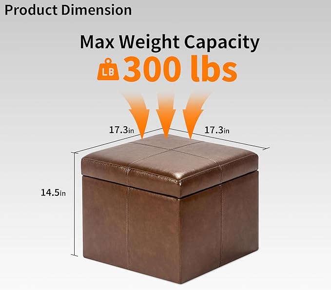 Adeco Faux Leather Cube Storage Ottoman, Coffee Brown Ottomans for Living Room, Bedroom