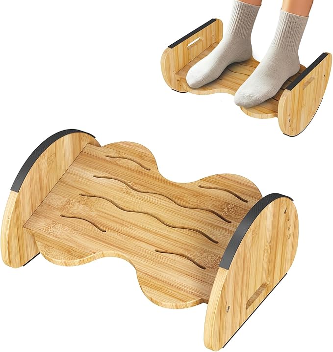 Ergonomic Under Desk Bamboo Footrest, 2-in-1 Reversible Rocking Footrest, 4 Adjustable Heights Office Footstool, Large Anti-Slip Surface, Improves Posture and Blood Circulation (Bamboo Footrest)