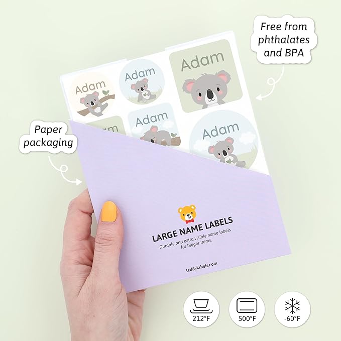 Large Name Labels for Kids (33) - Custom Stickers for Daycare and School Supplies - Durable, Waterproof Stickers for Water Bottles, Lunch Boxes, and More with Unique Designs - Koala