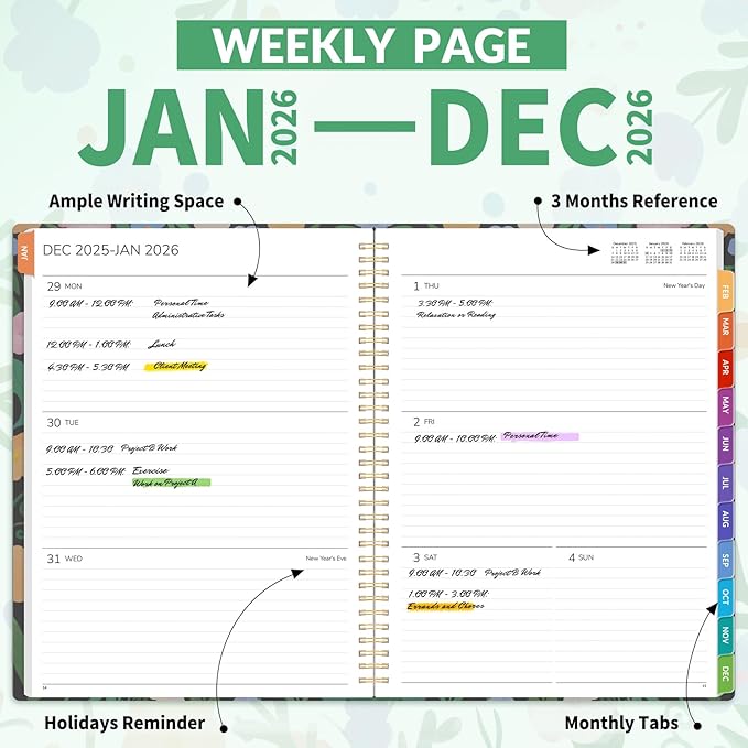 GNL 2026 Planner, Weekly and Monthly Planner (January - December 2026), 8.5" x 11" Monthly Agenda Planner with Waterproof Flexible Cover, Spiral Binding Notebook with Tab, Pockets, Bookmark, Flower