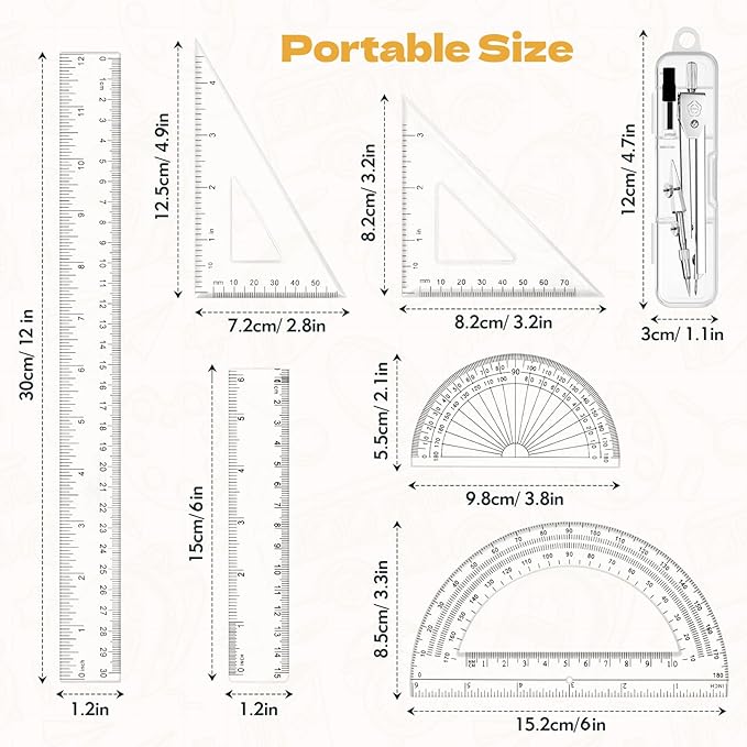 Geometry Set - 7Pcs Geometry Kit with Clear Plastic Ruler 12Inch & 6Inch, Triangle Ruler, Protractor and Compass Set for School Office Math Drawing Drafting Engineering Architecture Art