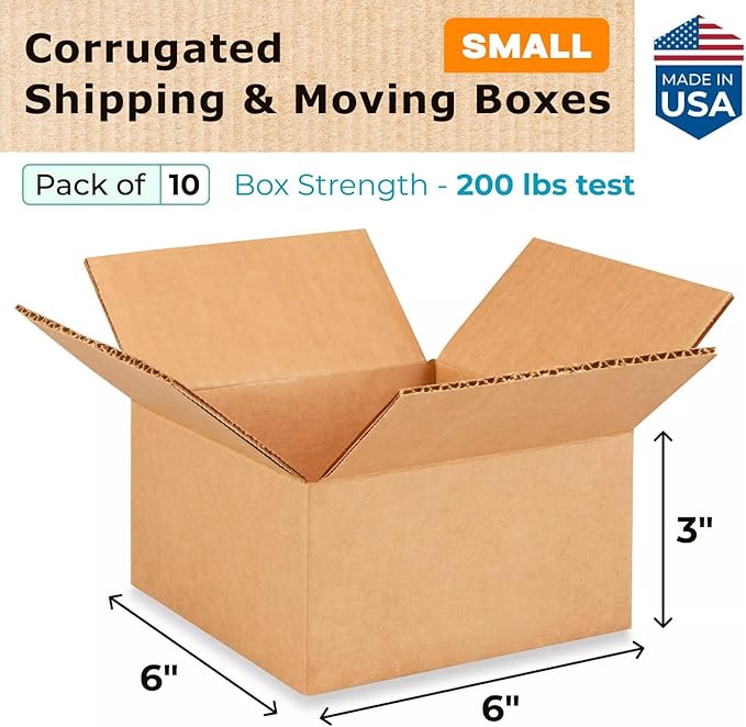 Small Moving & Shipping Boxes 6x6x3 inches (10-Pack) - Extra Strength 200 lb vs Regular - Corrugated Moving Box, Made in USA - Heavy Duty Moving Box - Cardboard Box Small by IDL Packaging