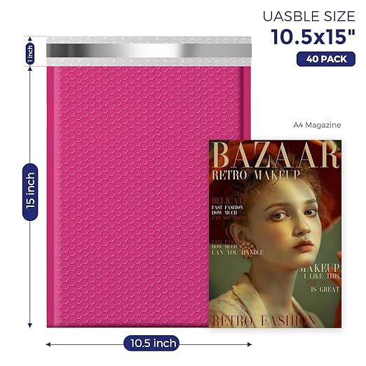 Fuxury Hot Pink Bubble Mailers 10.5x16 Inch 25 Pack, Self Seal Adhesive Waterproof Padded Envelopes, Cushioning Shipping Bags, Padded Mailers for Mailing, Packaging, Small Business Supplies, 5