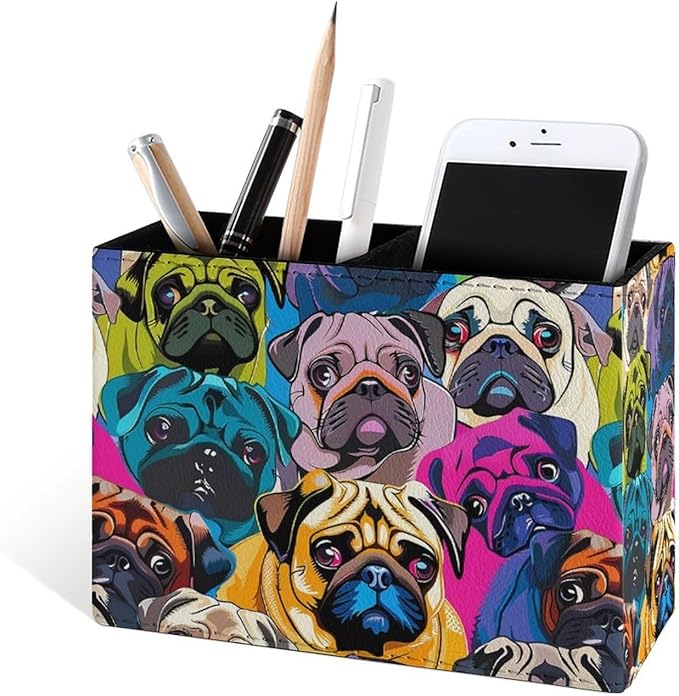 Famame Colorful Pug Dogs Funny Puppy Pencil Holder for Desk, Leather Desktop Container Pen Cup Storage Study Table Pen Organizer Makeup Brushes Holder for Office Home