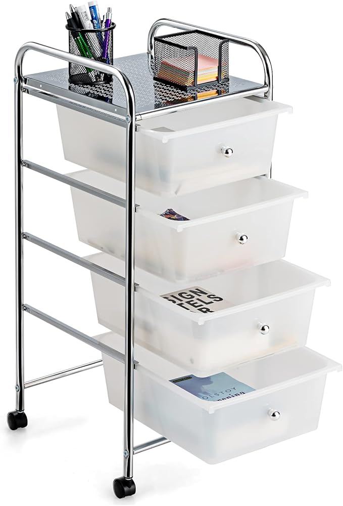 Giantex Rolling Cart with Drawers, Craft Organizer with Wheels, 4 Drawer Storage Container Bins for Home School Office Scrapbook Paper Tools, Clear White