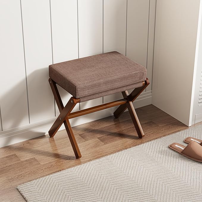 BAMBOOHOMIE Foldable Foot Stool Ottoman, Modern Foot Rest with Bamboo X Legs & Thick Foam Cushion, Folding Foot Stools Small Padded for Bedroom Living Room, Footstool for Chair Couch (Brown - Brown)