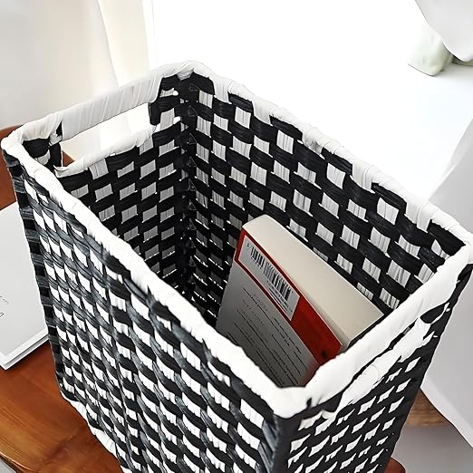 Fozxsvg Black Woven Wicker 3.5 Gallon Fabric Trash Can, Storage Baskets, Waterproof Cute Waste Basket, Decorative Trash Bin for Bedroom, Office, Living Room, Kitchen