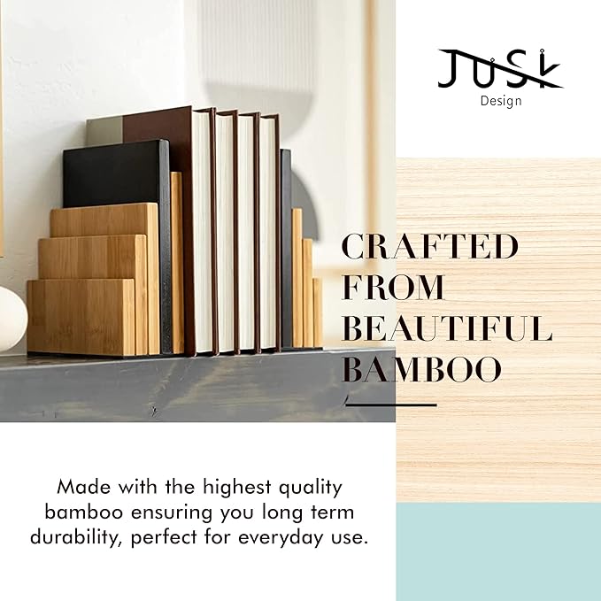 JUSK DESIGN Bamboo Book End/Book Organizer - Non-Skid Decorative Bookends for Office and Home - Book Holders for Shelves - Substantial Weight - Holds Heavy Books
